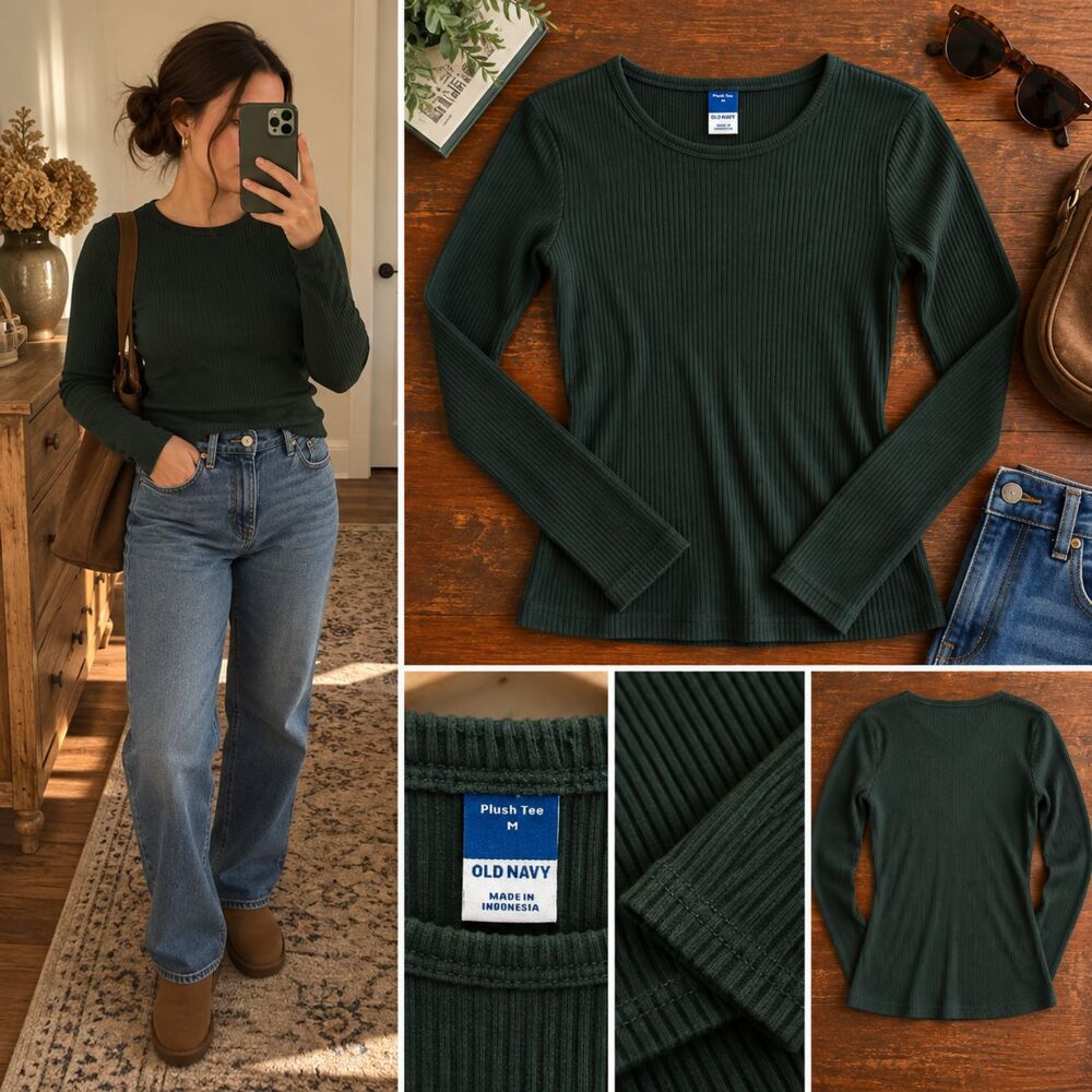 Old Navy Plush Tee Medium Forest Green Ribbed Long Sleeve Stretch Top